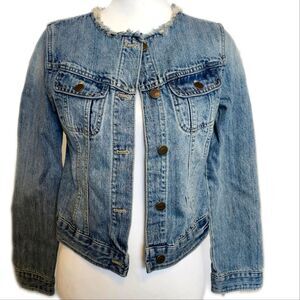 Chaps Light Wash Denim Jean Jacket, 5 Buttons, Raw Hem Collar, Sz Small